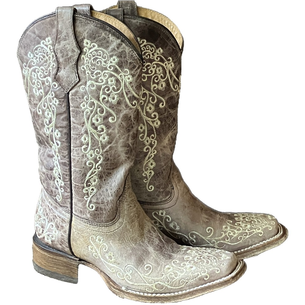 CORRAL Cowboy Boots BROWN DISTRESSED LEATHER Embroidered Lace LADIES/TEENS sz 4
